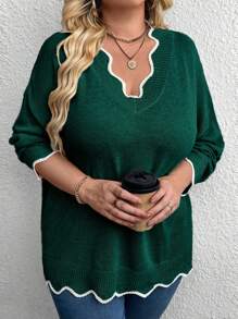 SHEIN CURVE+ 大码拼色拼接长袖圆领休闲毛衣，冬季