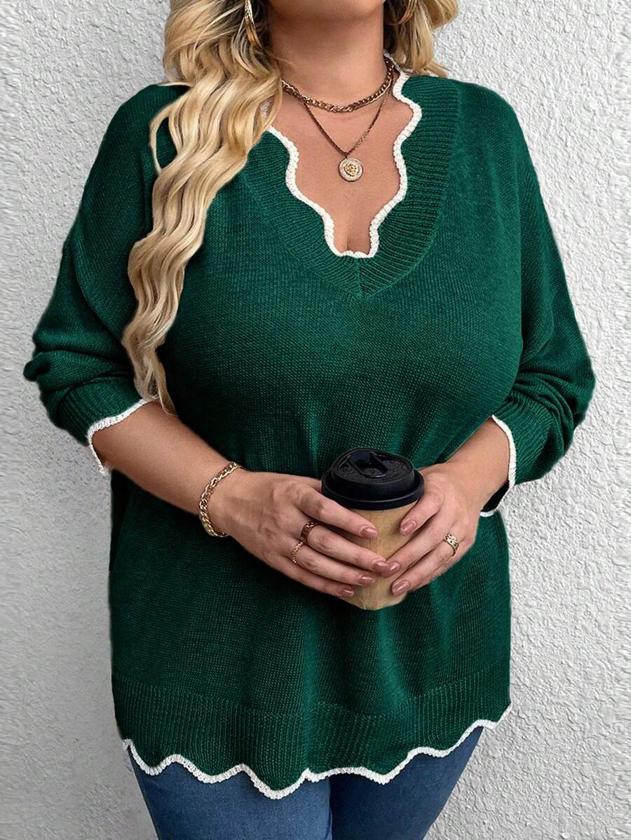 SHEIN CURVE+ 大码拼色拼接长袖圆领休闲毛衣，冬季