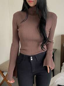 DAZY Women's Solid Color Fitted Long Sleeve Turtleneck Sweater,Fall Women Clothes - Brown - View 7