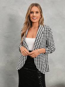 SHEIN LUNE Women's Autumn/Winter Plaid Print Ruched Sleeve Casual Blazer