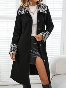 EMERY ROSE Damen Leopardenmuster Fluffy Patchwork Lange Ärmel Lange Wolljacke, Herbst Winter