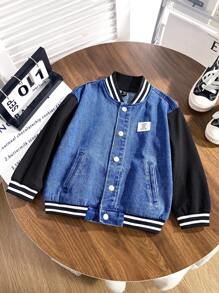 SHEIN Young Boy Fashion Casual Striped Border Black Knit Long Sleeve Spliced Blue Cowboy Baseball Jacket For Dailywear And Fall Boys Clothes