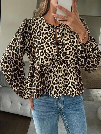 Breezaya Leopard Print Pleated Tie-Front Long Sleeve Women Blouse Peplum Top Fall Cloth For Women