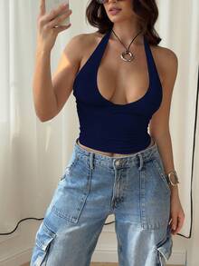 Áo hai dây cổ yếm màu trơn mùa hè dành cho nữ hiệu Mystra, kiểu dáng thường ngày. - Màu xanh hải quân - Xem 4