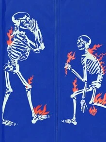 ROMWE MEN Street Life 男士时尚骷髅与火焰印花连帽衫，秋季 - 藍色 - 查看 4