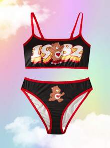 SHEIN X Care Bears Women's Contrast Trim Bear Pattern Wireless Bra And Brief Set - Black - View 1