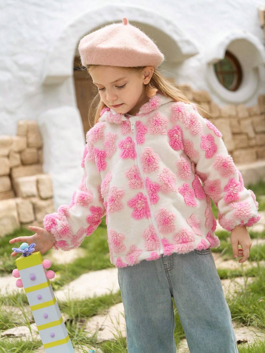 SHEIN 1pc Toddler Girls' 3D Floral Textured Casual Hooded Jumpsuit - Multicolor - View 1