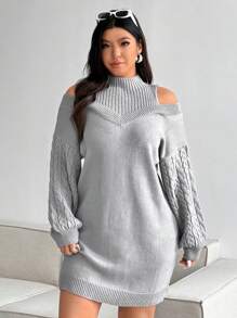 Flirla 流行大码女式舒适灯笼袖灰色针织高领性感露肩毛衣连衣裙，冬季 - 灰色 - 查看 5