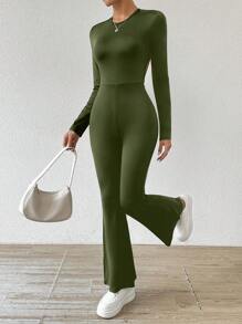 SHEIN PETITE Casual Round Neck Slim Fit Open Back Long Sleeve Jumpsuit For Vacation