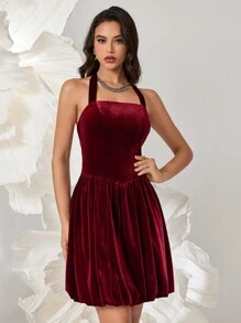 SHEIN Belle Burgundy Red Women's Solid Backless Halter Christmas Party Dress,Elegant Velvet Cocktail Semi Formal Prom Dress,Birthday Graduation Dinner Homecoming - Burgundy - View 3