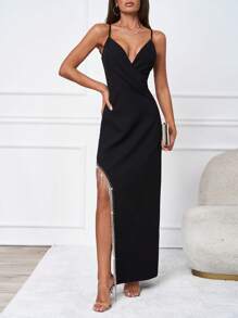 SHEIN Tall Rhinestone Fringe Trim Asymmetrical Hem Cami Dress - Black - View 3