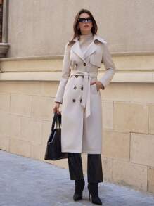 RueChic Premium Quality, Double Button Through, Belted Long Line Trenchcoat - Beige - View 6