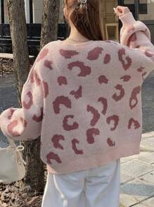 DAZY Suéter de punto con cuello redondo y estampado de leopardo, de corte holgado para mujer, ropa de mujer para otoño