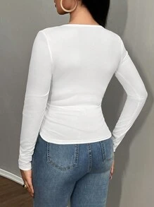 Slaydiva 2024 New Arrival Autumn Winter Women's U-Neck Low-Cut Button Long Sleeve Ribbed White T-Shirt With Side Ruching - White - View 6