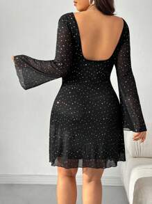 SHEIN EZwear Plus Size Rhinestone Mesh Spring/Autumn Dress - Black - View 5