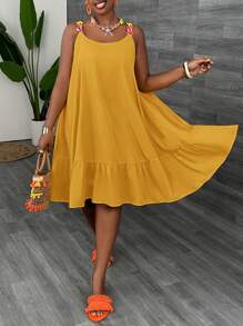 Slaydiva Vestido de verano holgado de línea A con correa de cadena casual de talla grande - Mostaza Amarilla - Ver 3