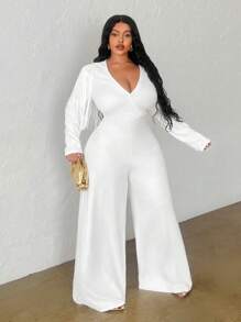 Slaydiva 大码优雅奢华 V 领长袖流苏阔腿连体裤 - 白色，秋冬 - 白色 - 查看 3