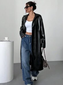 Muchica 女士秋冬落肩长袖休闲宽松黑色 PU 皮革风衣 - 黑色 - 查看 1