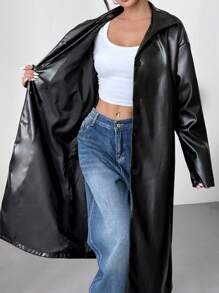 Muchica 女士秋冬落肩长袖休闲宽松黑色 PU 皮革风衣 - 黑色 - 查看 6