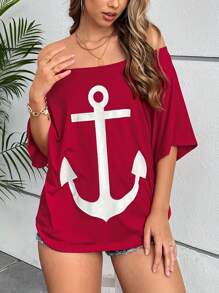 INAWLY 女士夏季锚印花露肩休闲 T 恤图案 T 恤女式上衣 - 紅色 - 查看 1