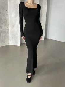 DAZY Women's Mid-Length Square Neck Long Sleeve Bodycon Slim Fit Dress - Black - View 8