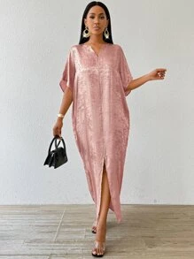 SHEIN Lady Vestido de satén y jacquard con abertura frontal para mujer, casual, elegante y apropiado para fiestas, invitada de boda, vestido de graduación o cena - Rosa - Ver 5