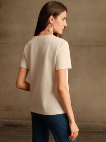 Anewsta Áo thun đơn giản đính đá Rhinestone giản dị dành cho nữ - Màu be - Xem 6