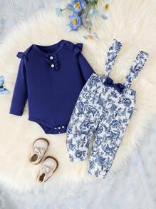 2 Stücke/Set Elegantes klassisches blaues & weißes Blumen Volant Hose Latzhose und Jumpsuit Outfit für Baby Mädchen, weicher & bequemer Stoff, super für Outdoor-Tragen