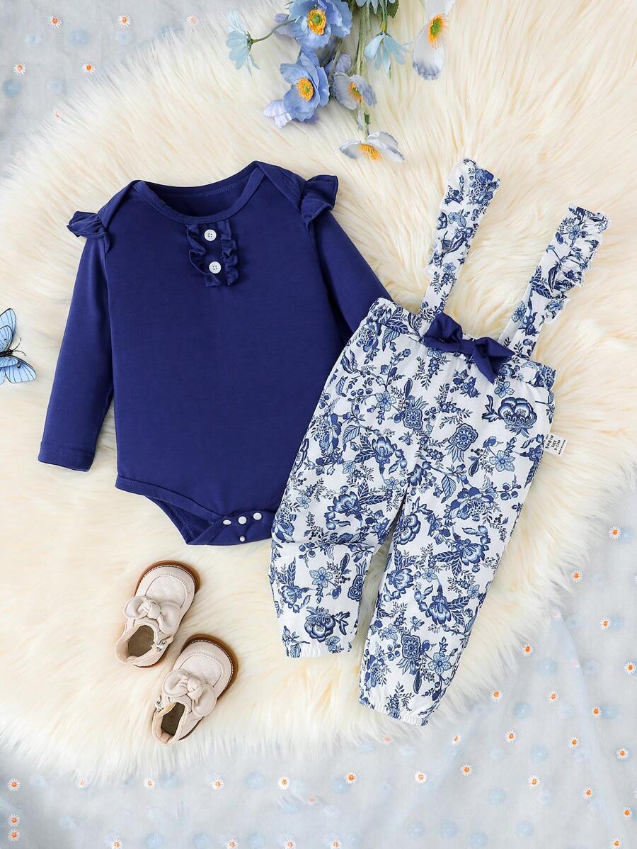 2 Stücke/Set Elegantes klassisches blaues & weißes Blumen Volant Hose Latzhose und Jumpsuit Outfit für Baby Mädchen, weicher & bequemer Stoff, super für Outdoor-Tragen