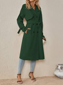 SHEIN Clasi Áo khoác dài tay rộng rãi, cổ bẻ hai hàng khuy, màu trơn dành cho nữ vào mùa thu đông - Màu xanh lá cây đậm - Xem 6