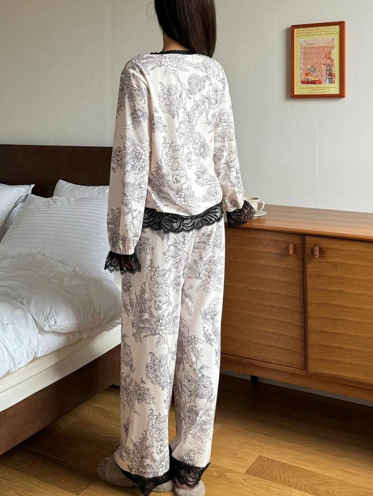 Line Drawing Pattern All Over Print Patchwork Lace Trim Pajama Set