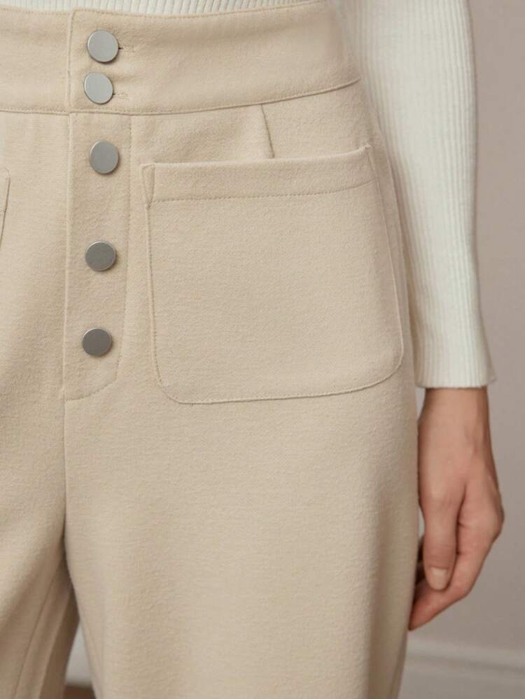 WOOL BUTTON FLY PATCH POCKET WIDE LEG PANTS