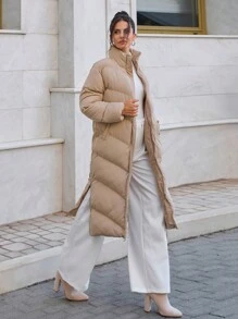 SHEIN Cottnline High Neck Long Puffer Winter Coat - Beige - View 1