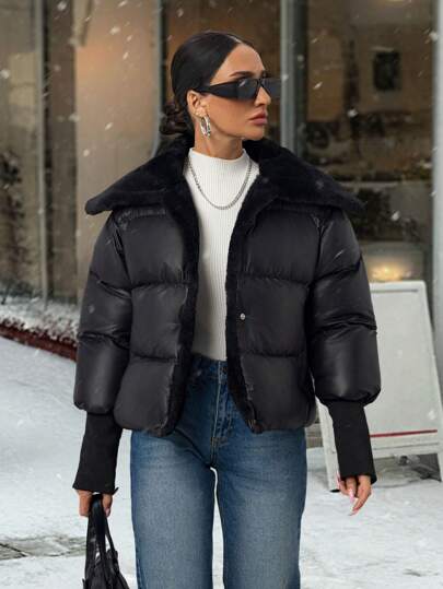 EURMUSE Women's Elegant, Warm, Padded Coat With Hood, Waist Accentuation, Fur Collar And Belt For Autumn/Winter, Rib Details At Cuff