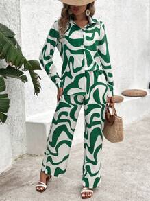 Breezaya Women's Wave Print Shirt Top And Wide Leg Pants Casual Set
