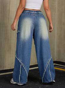 SHEIN ICON 大码前扣磨边下摆多口袋休闲牛仔裤 - 藍色 - 查看 2