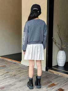 SHEIN Genkimix Kids Tween Girl Gray Round Neck Sweatshirt With Letter Print Trimming, Autumn/Winter