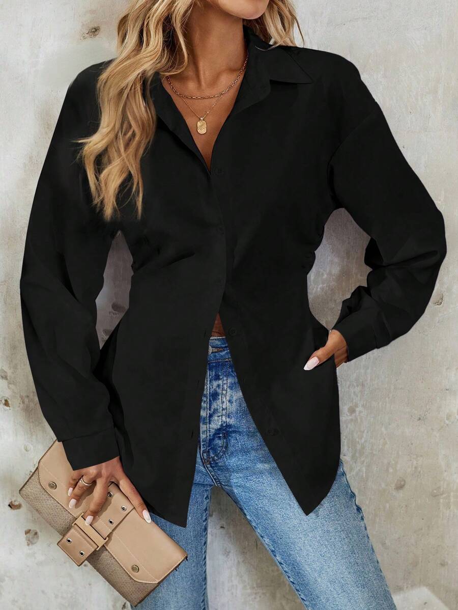 Calvaya 女式纯色长袖高腰优雅度假衬衫 - 黑色 - 查看 1