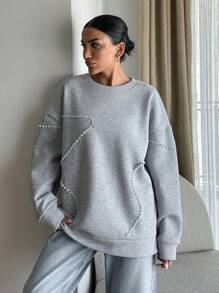 EURMUSE 100% Cotton PEARL DETAILED GREY SWEATSHIRT - Grey - View 7