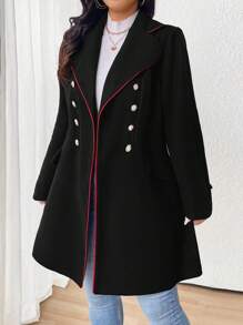 SHEIN LUNE Plus Size Women's Double-Breasted Knitted Blend Coat Jacket With Decorations, For Fall/Winter - Black - View 5