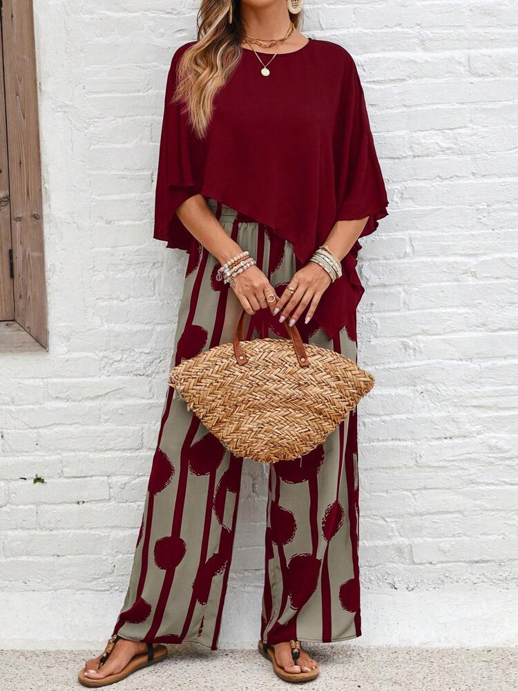 2pcs Women's Solid Color Crew Neck Asymmetrical Hem Blouse And Allover Print Pants Set, Summer