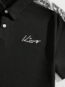 AKNOTIC Men's Casual Printed Patchwork Short Sleeve POLO Shirt, Summer - Black - View 4