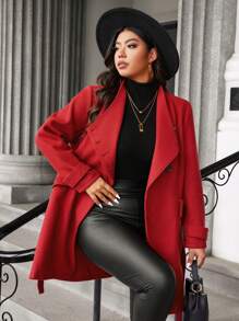 SHEIN Unity 大码女式冬季纯色单排扣长袖口袋优雅大衣 - 紅色 - 查看 7