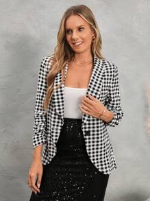 SHEIN LUNE Women's Autumn/Winter Plaid Print Ruched Sleeve Casual Blazer