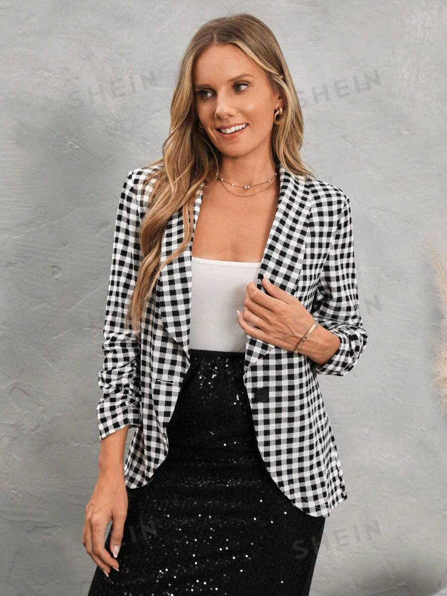 SHEIN LUNE Blazer casual con mangas acaracoladas y estampado de cuadros para mujer, otoño/invierno - Blanco y Negro - Ver 1