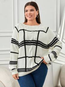 RueChic Plus Relaxed Fit Checked And Cable Knit Designed Sweater - Black and White - View 2