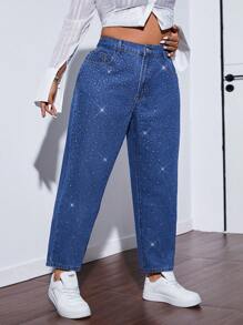 SHEIN ICON Plus Size Women's Rhinestone Decor Pockets Tapered Casual Loose Fit Jeans - Blue - View 4