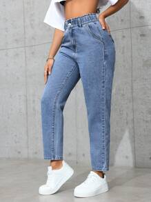 SHEIN PETITE Women's Elastic Waist Pocketed Straight Loose Casual Jeans Pants - Medium Wash - View 4