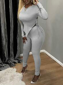 Zolique 2 件套纯色圆领长袖简约休闲上衣和裤子套装 - 灰色 - 查看 6