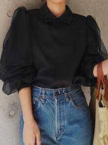 FRIFUL Women's Spring And Summer Solid Color Collared Loose Contrast Mesh Black Blouse,Long Sleeve Tops,Fall Women Clothes